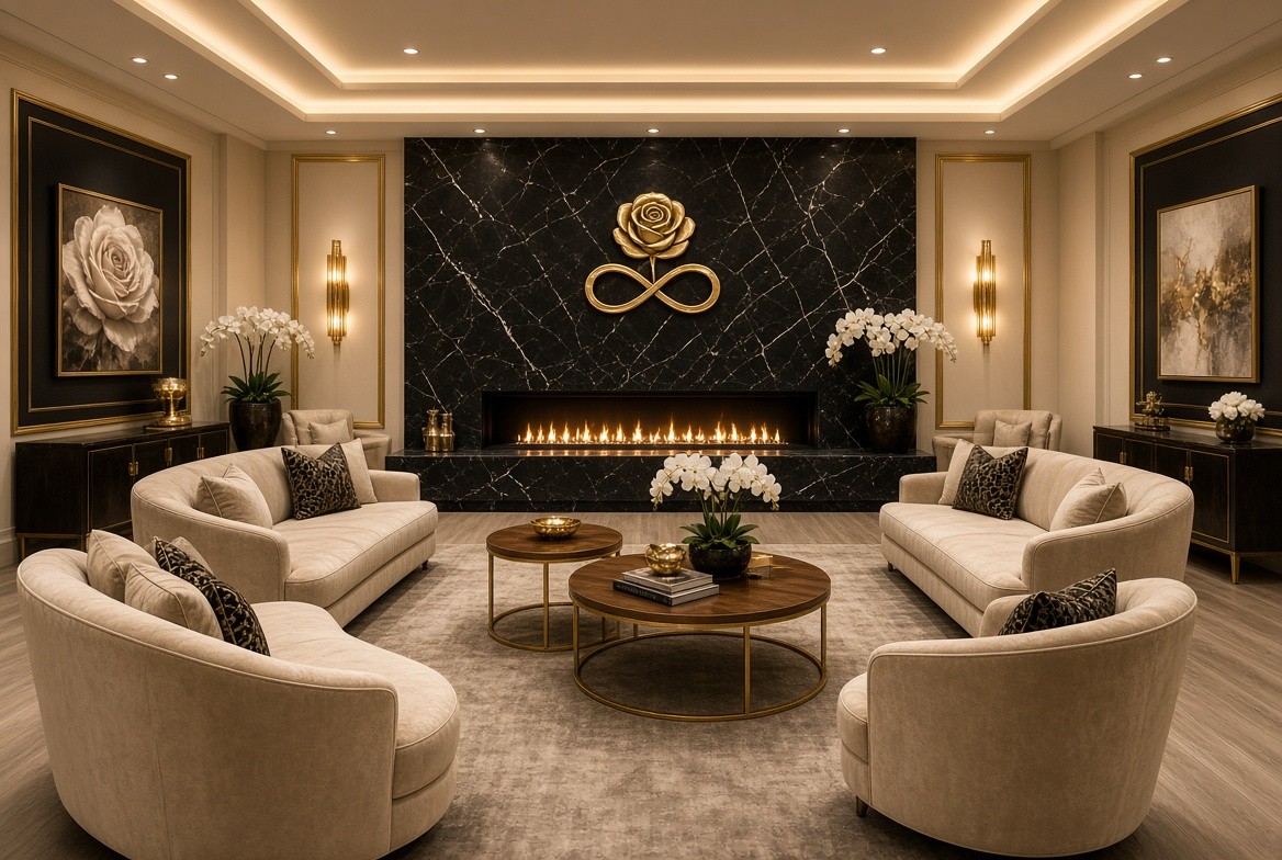 Design preview of the Forever Beautiful lounge with soft seating and a fireplace